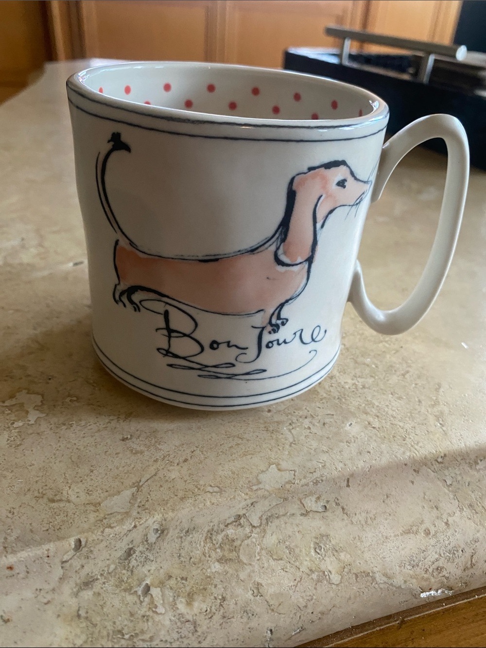 Bonjour Dachshund Accent Ceramic Mug - White with Pink Polka Interior